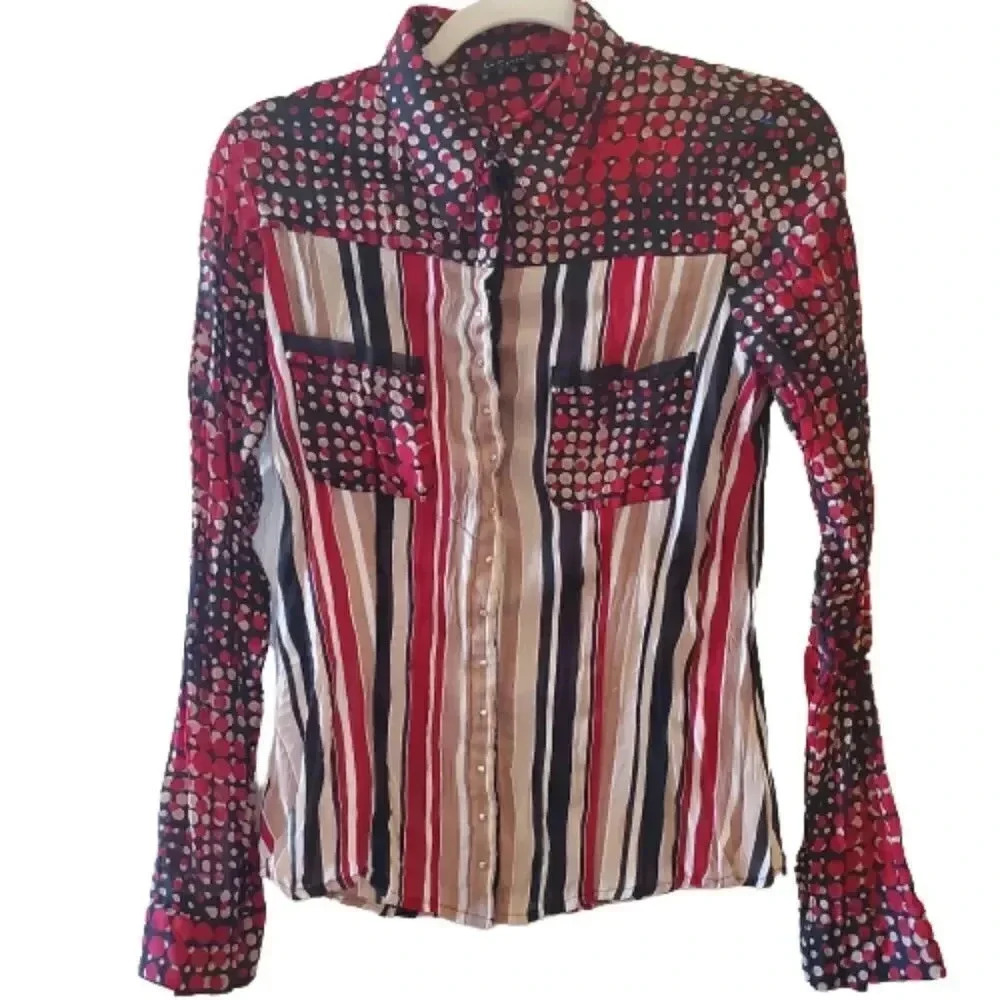 Le Caviar Western Polka Dot & Stripe Button-Down Shirt – Size Small